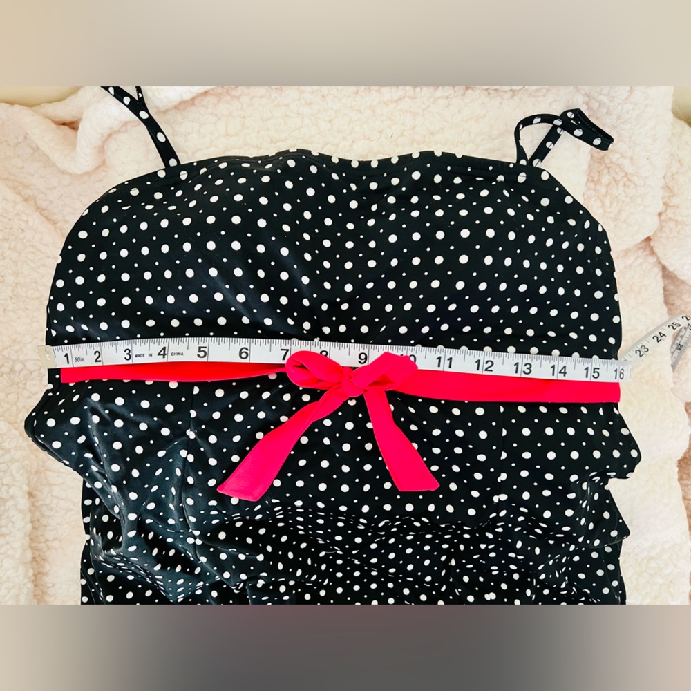 Black Polka Dot 1-Piece Skirted Swim Dresswith Red Front Tie by A Shore Fit - Picture 12 of 13